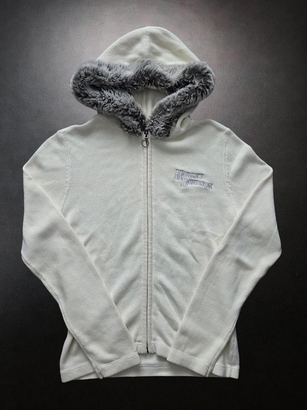 Harley-Davidson Cream Hooded Zip Sweatshirt with Gray Faux Fur Trim